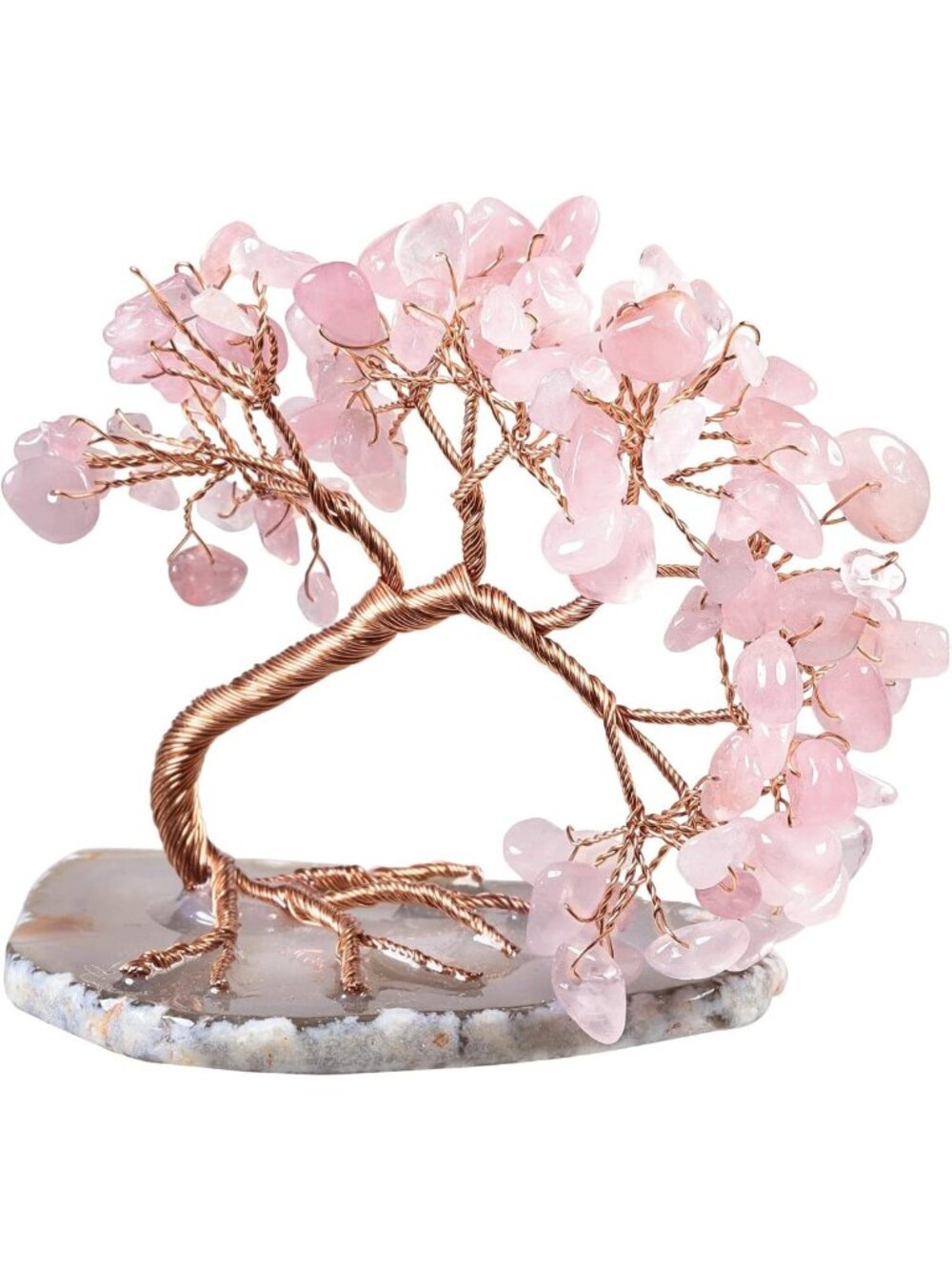 Pink Rose Quartz Crystal Money Tree with Agate Slice Base - Healing Decor